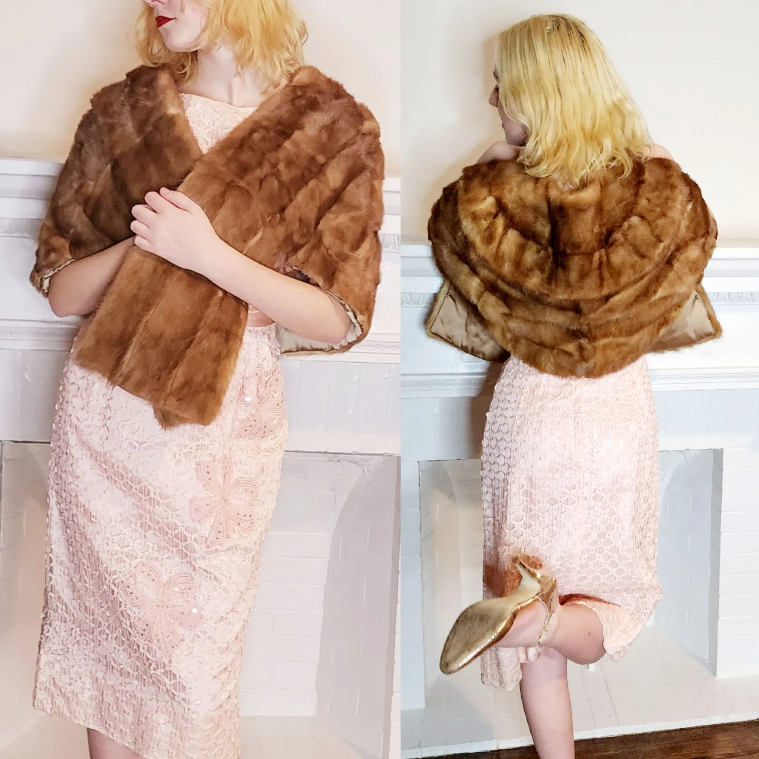 1950s Caramel Brown Mink Stole Wrap Shrug