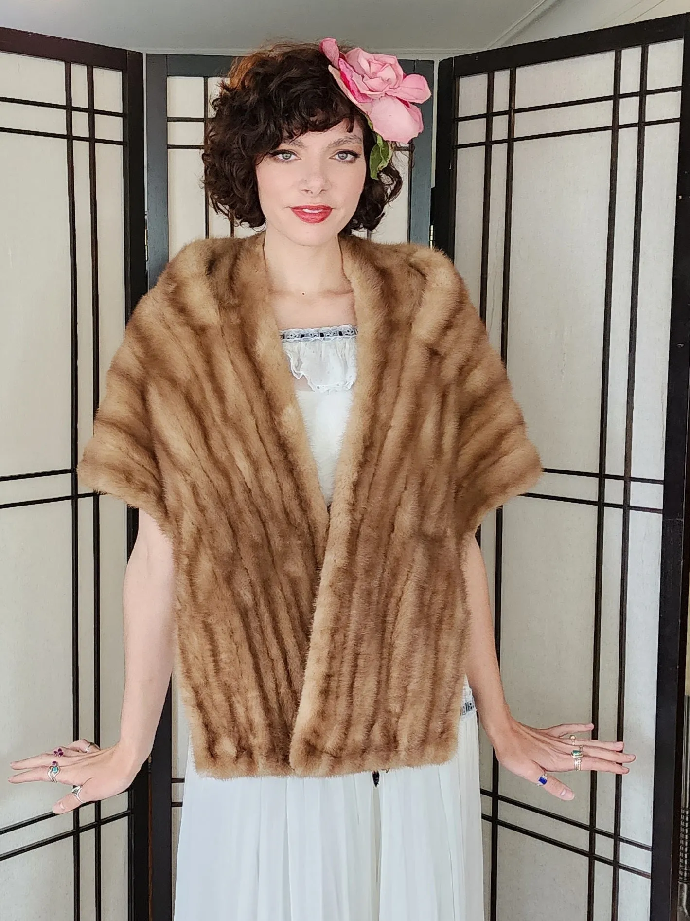 50s Mink Fur Stole Caramel Brown Wrap Shawl