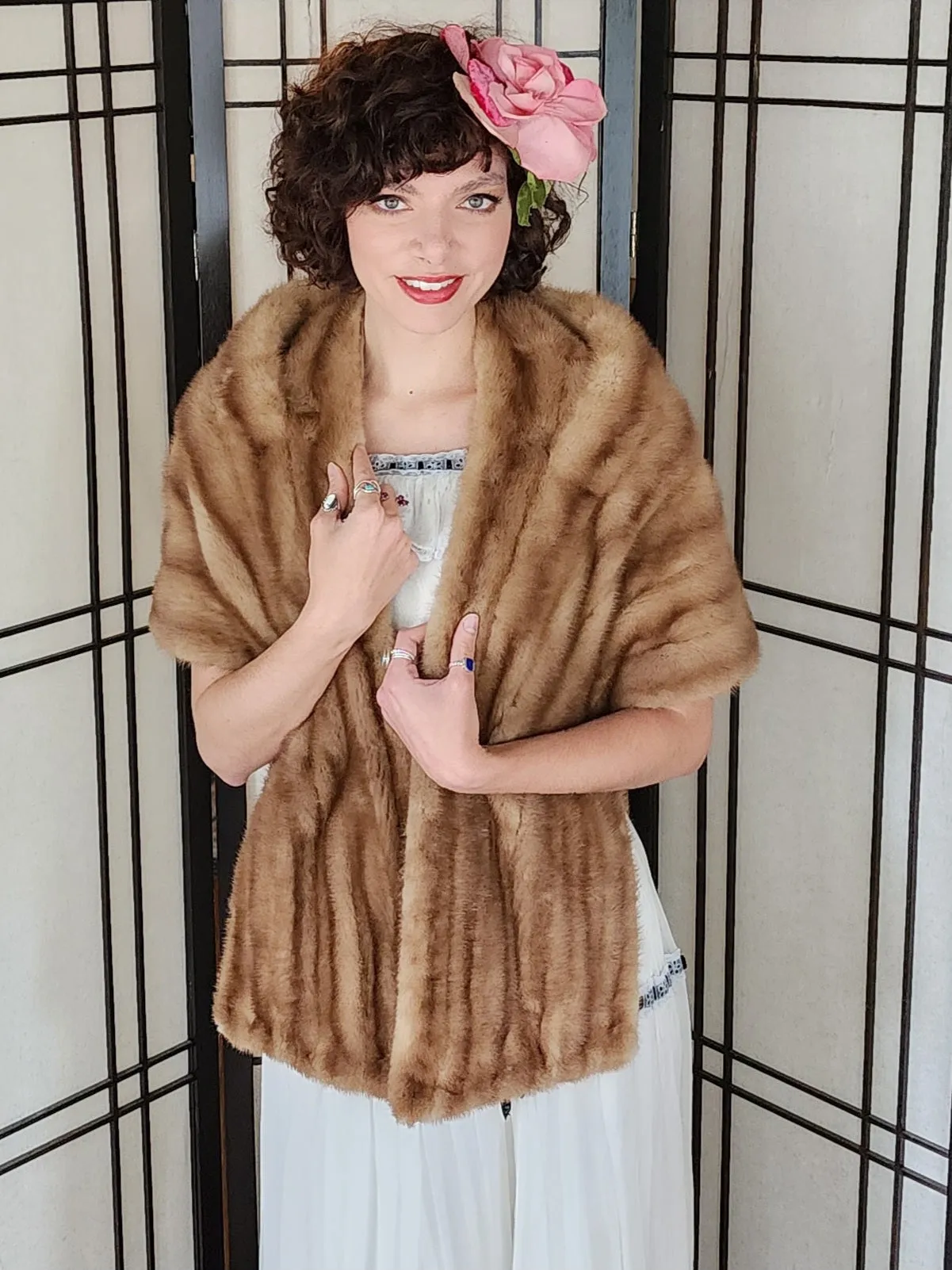 50s Mink Fur Stole Caramel Brown Wrap Shawl