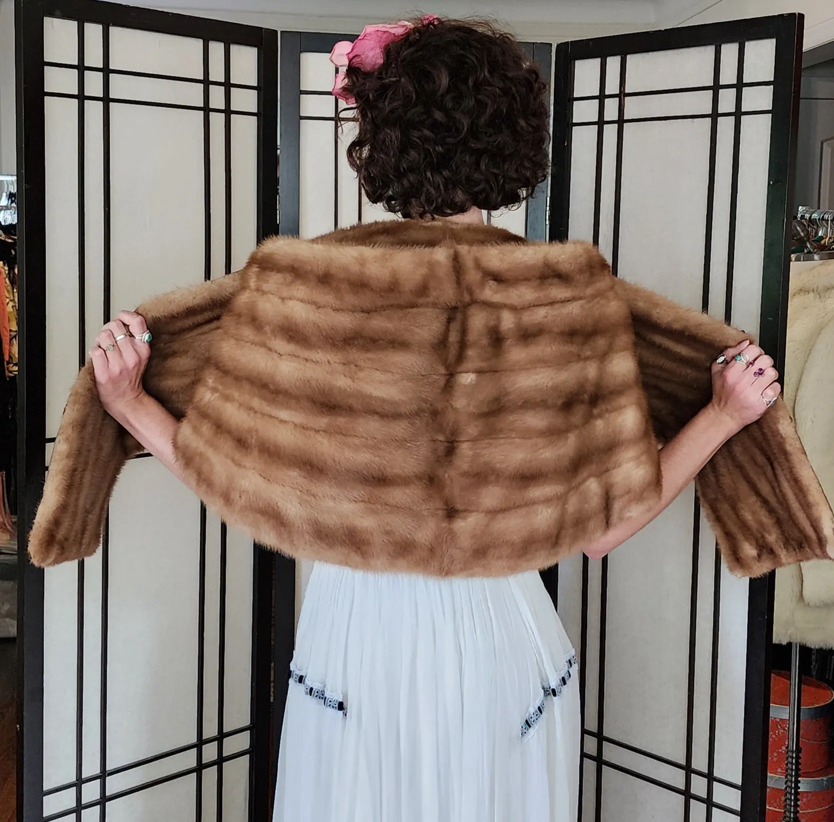50s Mink Fur Stole Caramel Brown Wrap Shawl