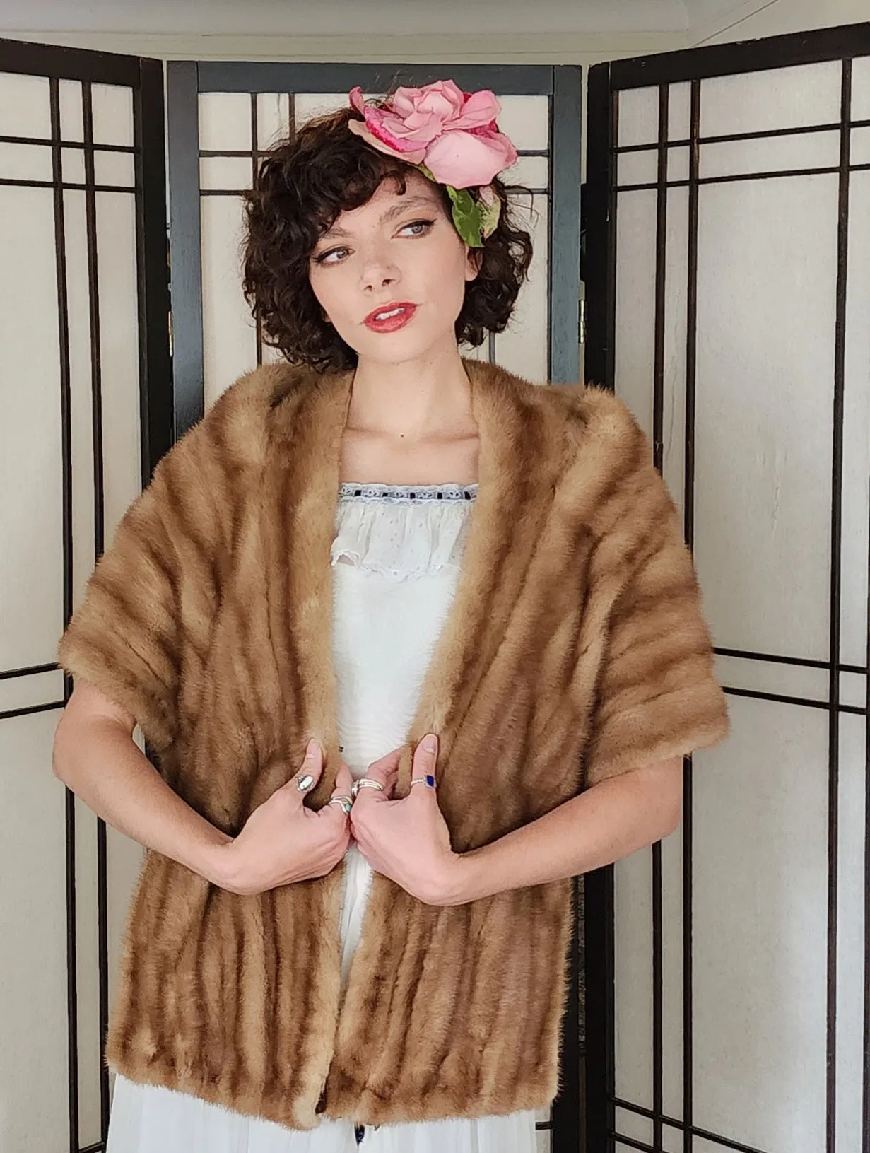 50s Mink Fur Stole Caramel Brown Wrap Shawl