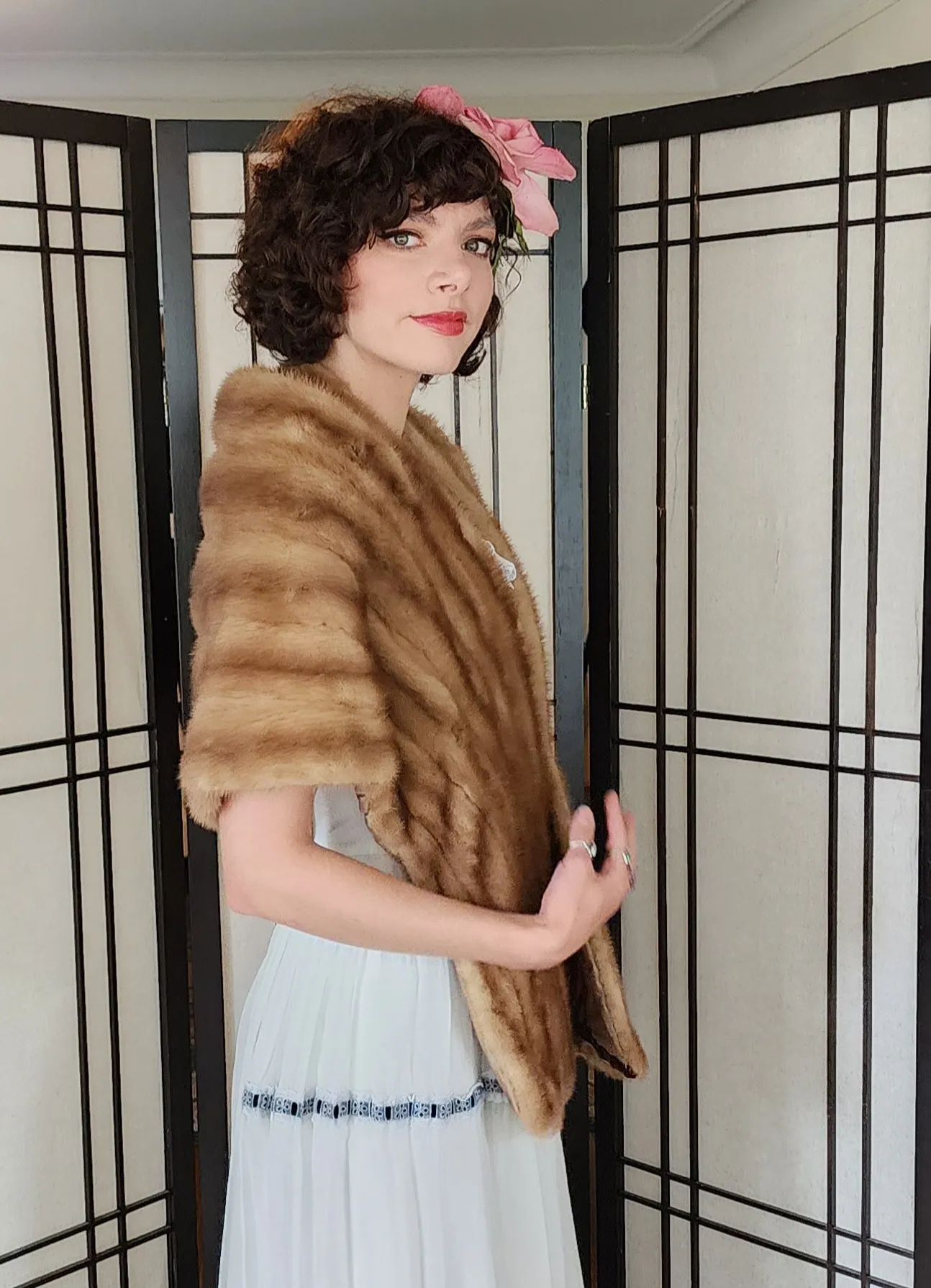 50s Mink Fur Stole Caramel Brown Wrap Shawl