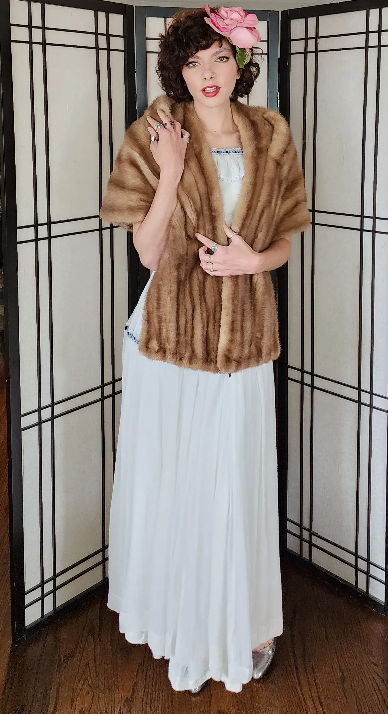 50s Mink Fur Stole Caramel Brown Wrap Shawl