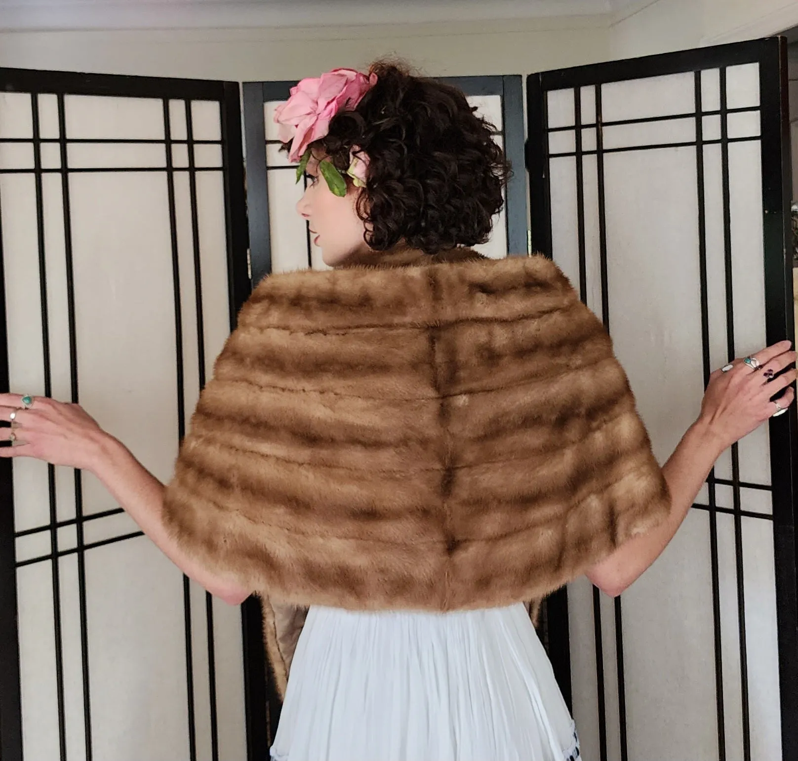 50s Mink Fur Stole Caramel Brown Wrap Shawl