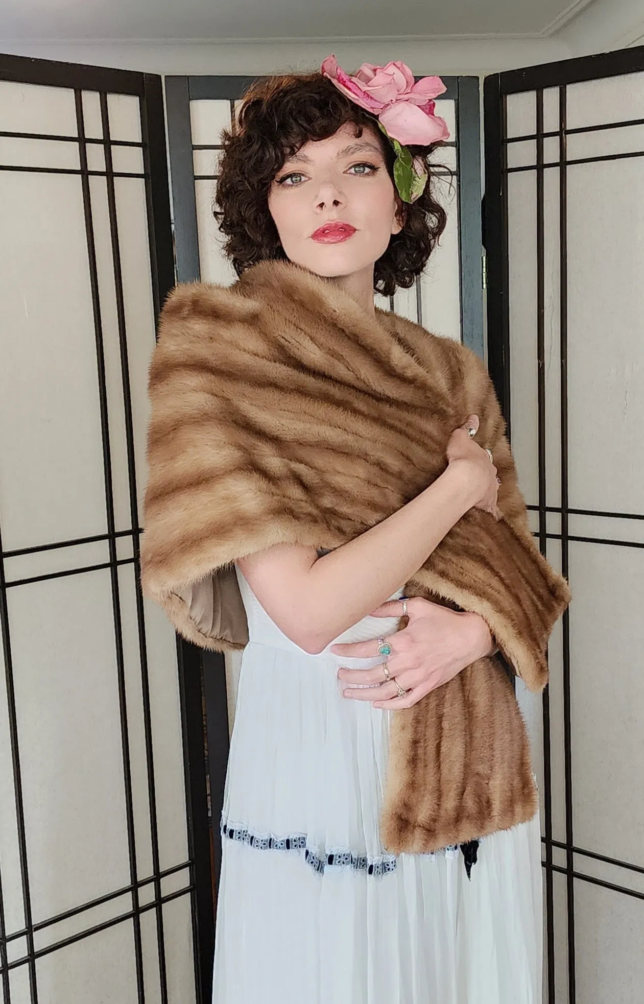 50s Mink Fur Stole Caramel Brown Wrap Shawl