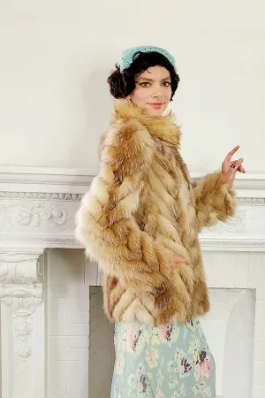 70s Red Fox Fur Stroller Jacket Chevron Patterned in Caramel Brown