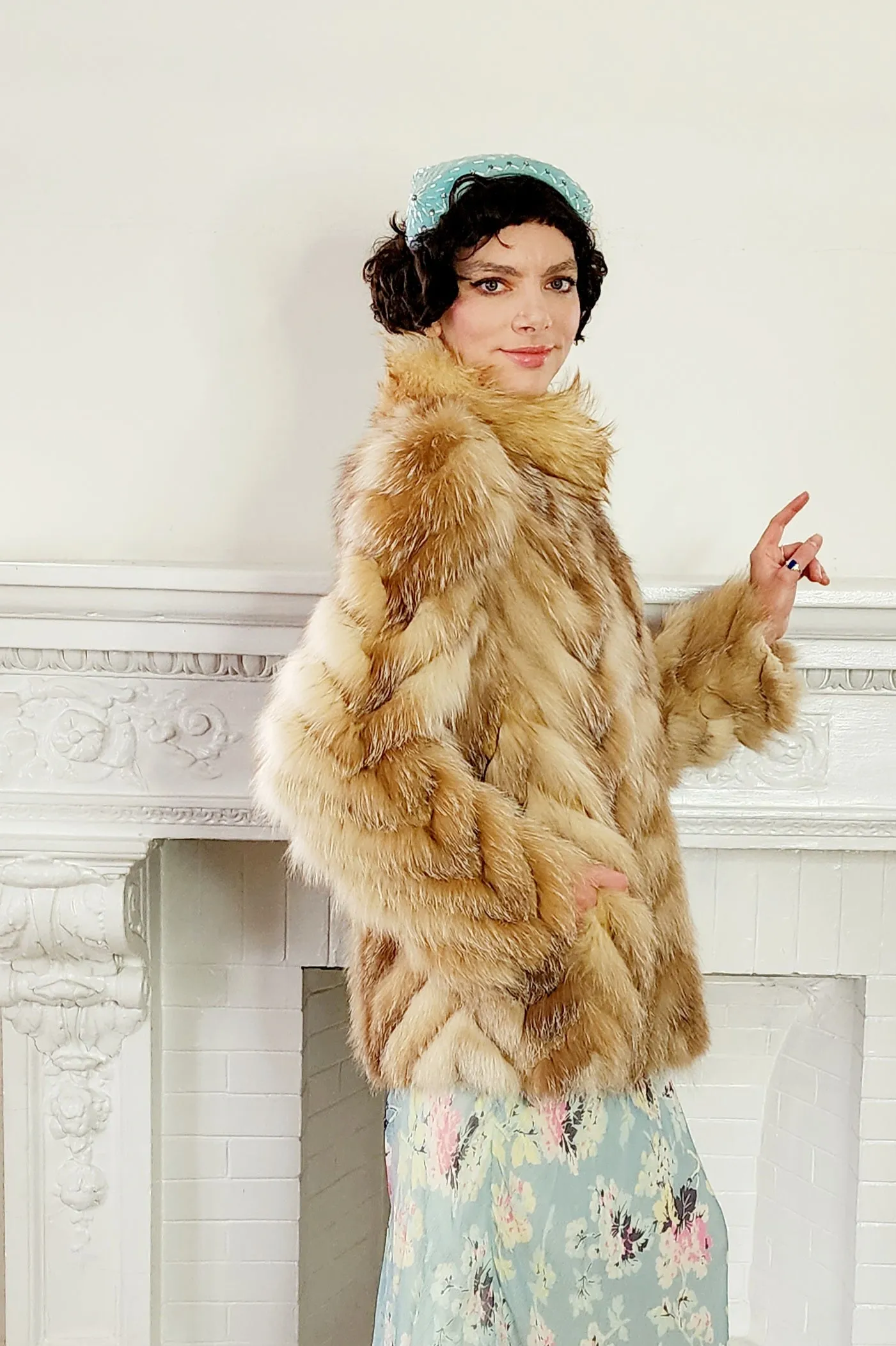 70s Red Fox Fur Stroller Jacket Chevron Patterned in Caramel Brown