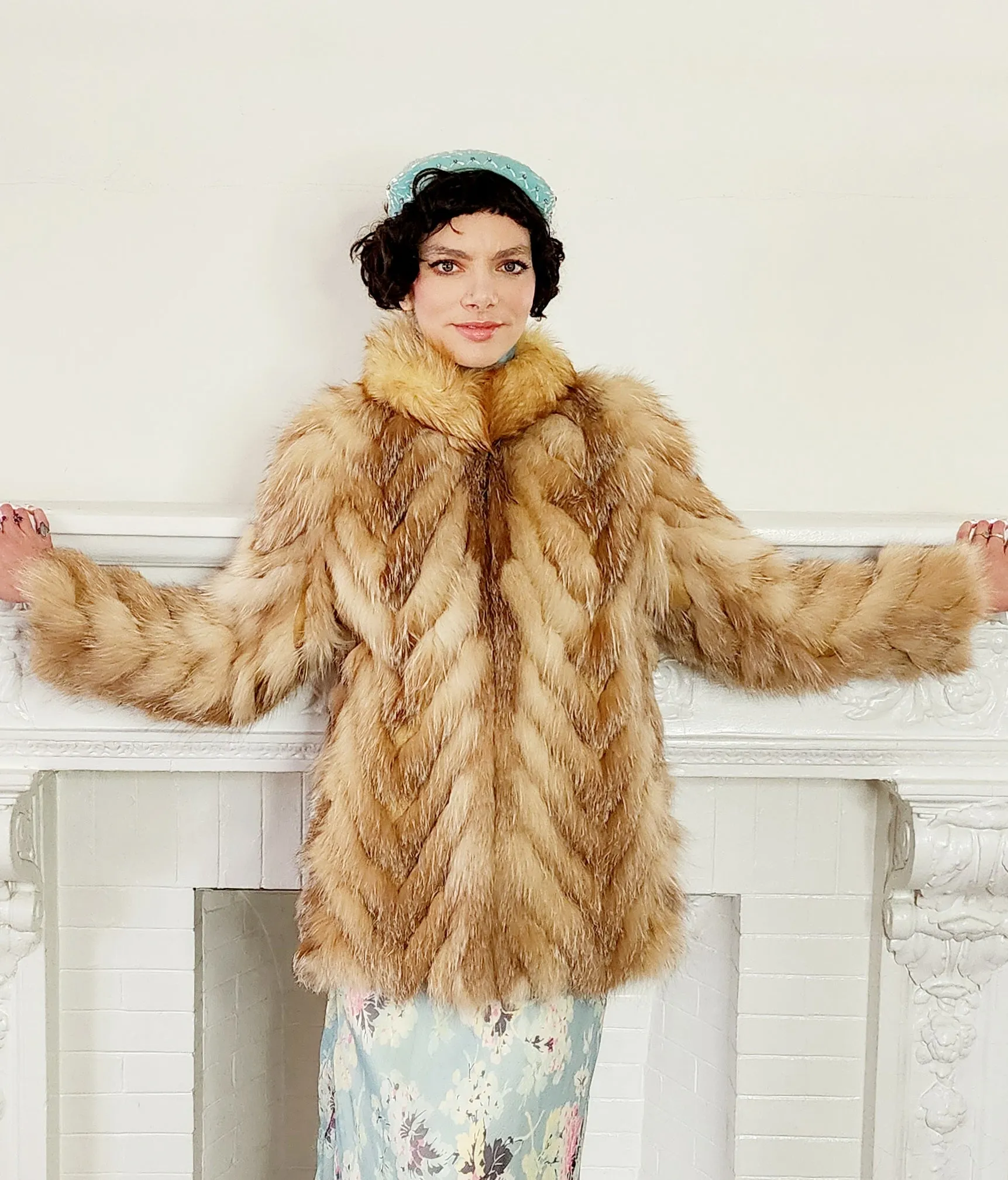 70s Red Fox Fur Stroller Jacket Chevron Patterned in Caramel Brown