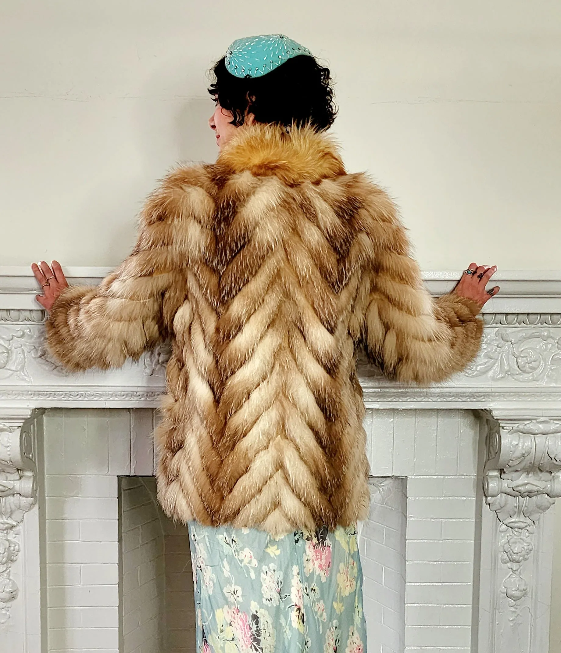 70s Red Fox Fur Stroller Jacket Chevron Patterned in Caramel Brown