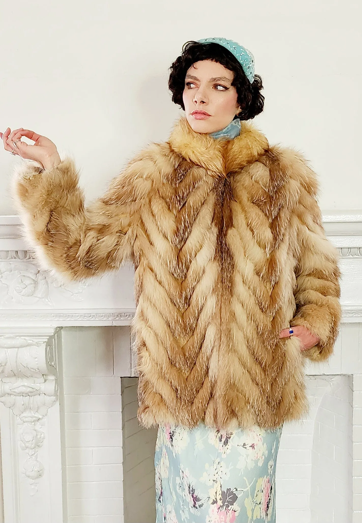 70s Red Fox Fur Stroller Jacket Chevron Patterned in Caramel Brown