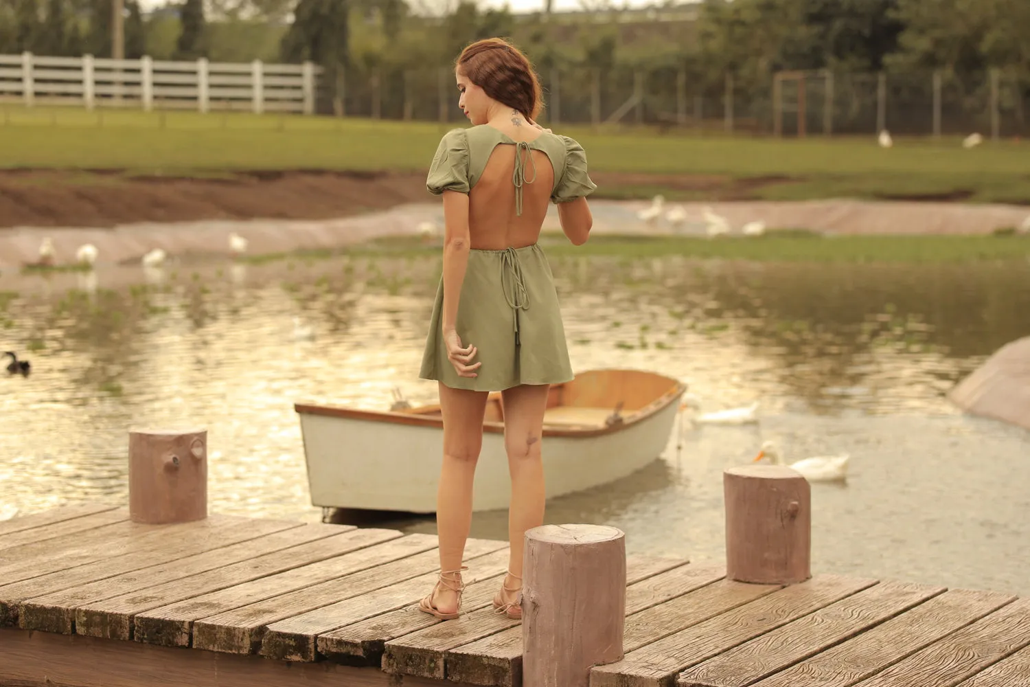 ANAIS Cutout Mini Dress with Puffy Sleeves (Avocado Green Linen)
