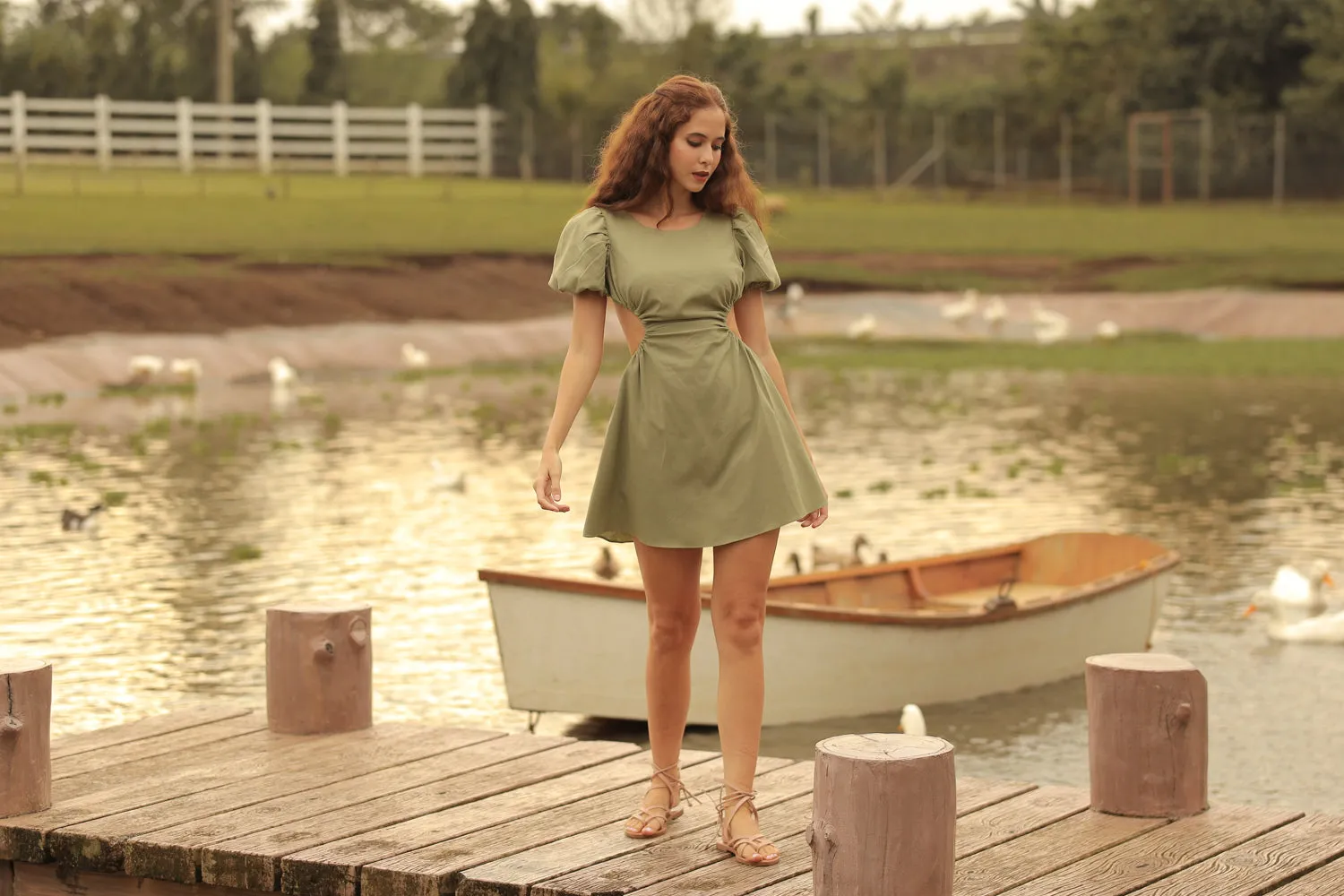 ANAIS Cutout Mini Dress with Puffy Sleeves (Avocado Green Linen)