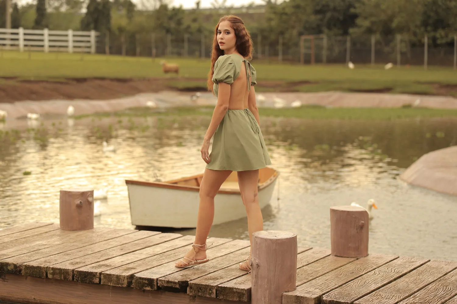 ANAIS Cutout Mini Dress with Puffy Sleeves (Avocado Green Linen)