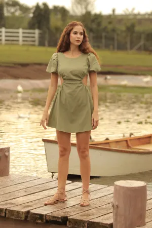 ANAIS Cutout Mini Dress with Puffy Sleeves (Avocado Green Linen)