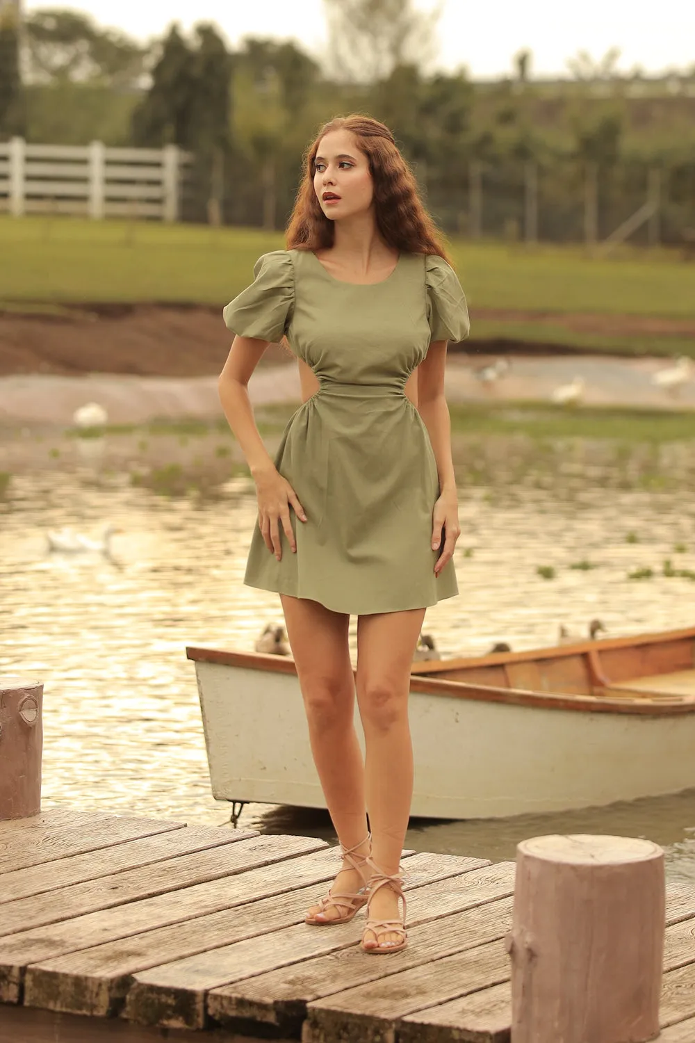 ANAIS Cutout Mini Dress with Puffy Sleeves (Avocado Green Linen)