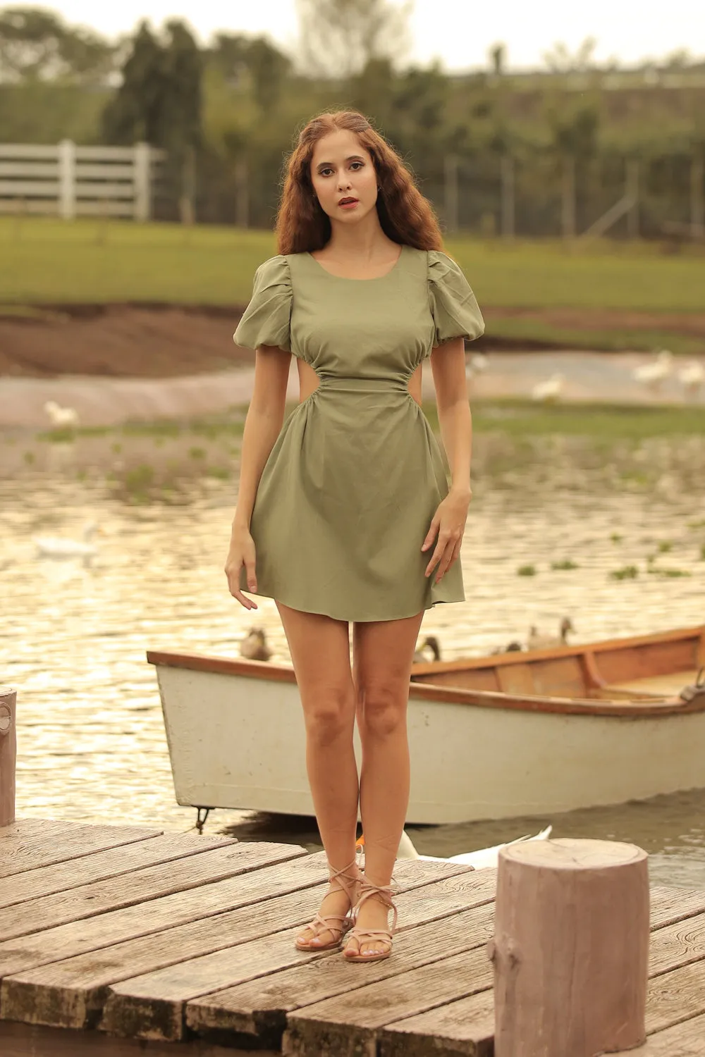 ANAIS Cutout Mini Dress with Puffy Sleeves (Avocado Green Linen)