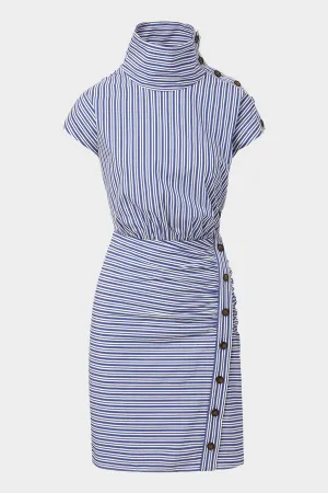 Arabel Striped Poplin Asymmetric Dress in Classic Blue Off White