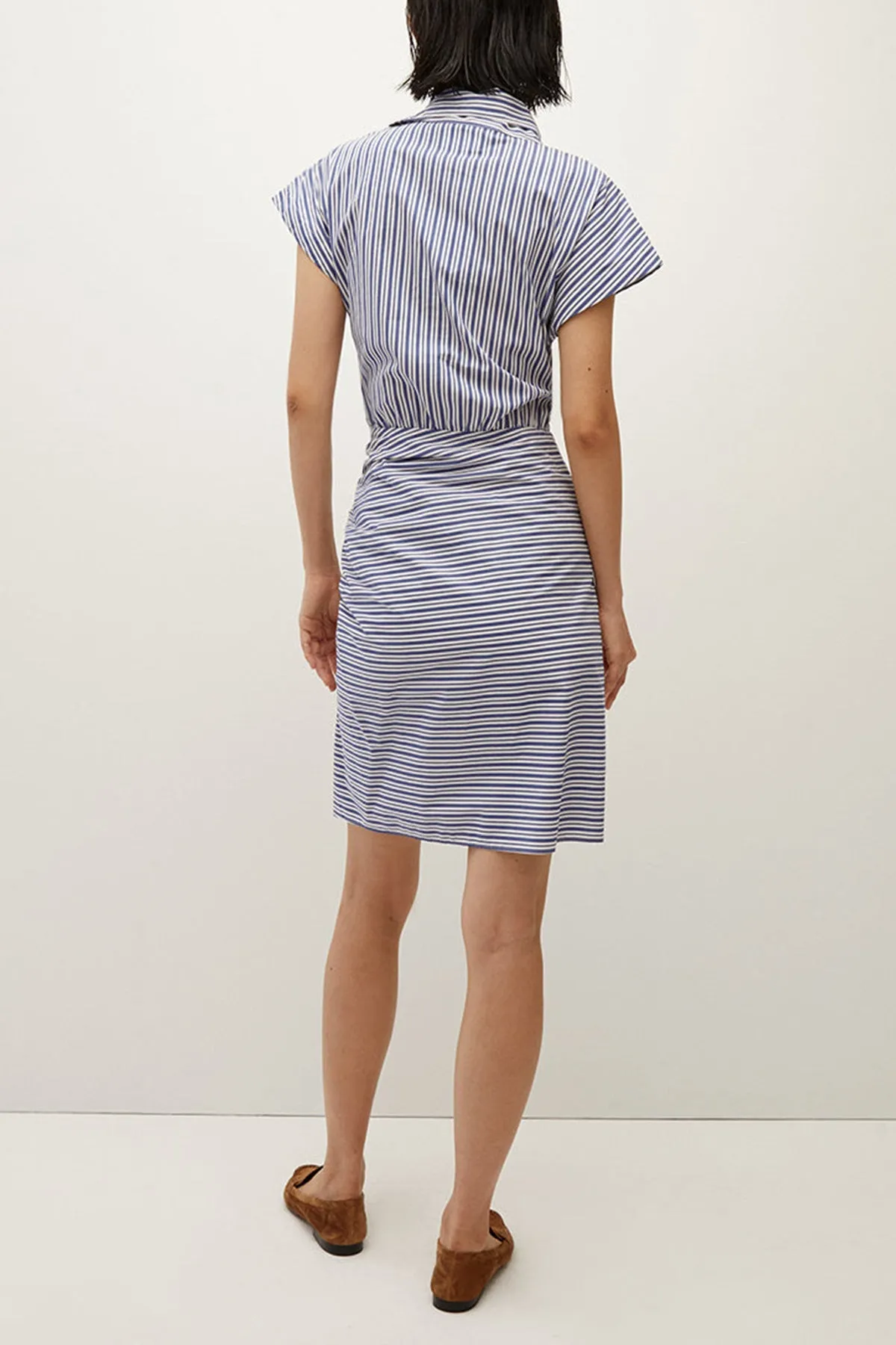 Arabel Striped Poplin Asymmetric Dress in Classic Blue Off White
