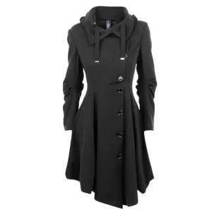 Asymmetric Black Coat Stand Collar Long Sleeve Women Overcoat Elegant Single-Breasted Slim Fall women coat