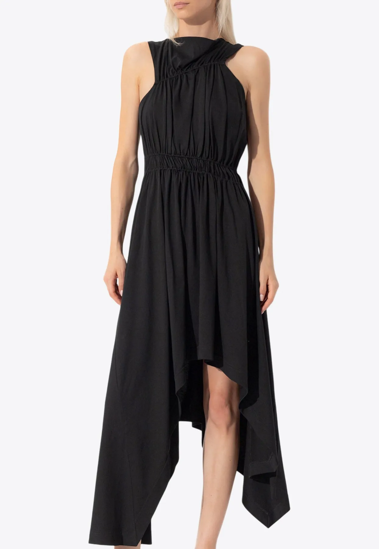 Asymmetric Gathered Midi Dress