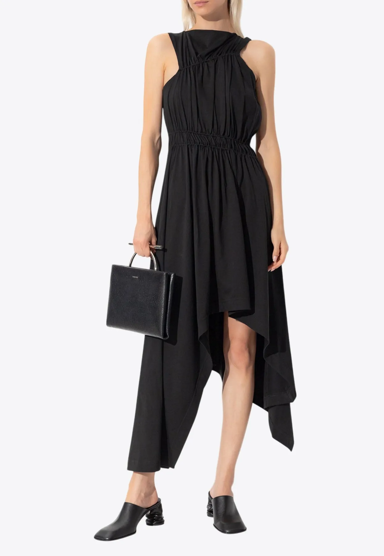 Asymmetric Gathered Midi Dress