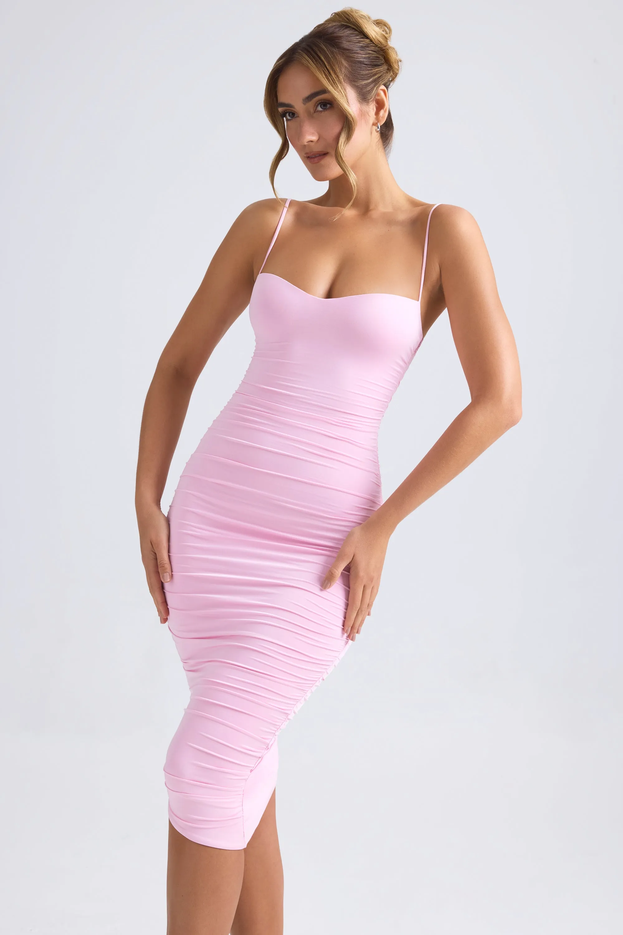 Asymmetric Ruched Midi Dress in Light Pink