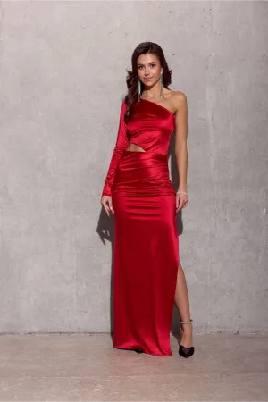 Asymmetrical Cutout Satin Maxi Dress