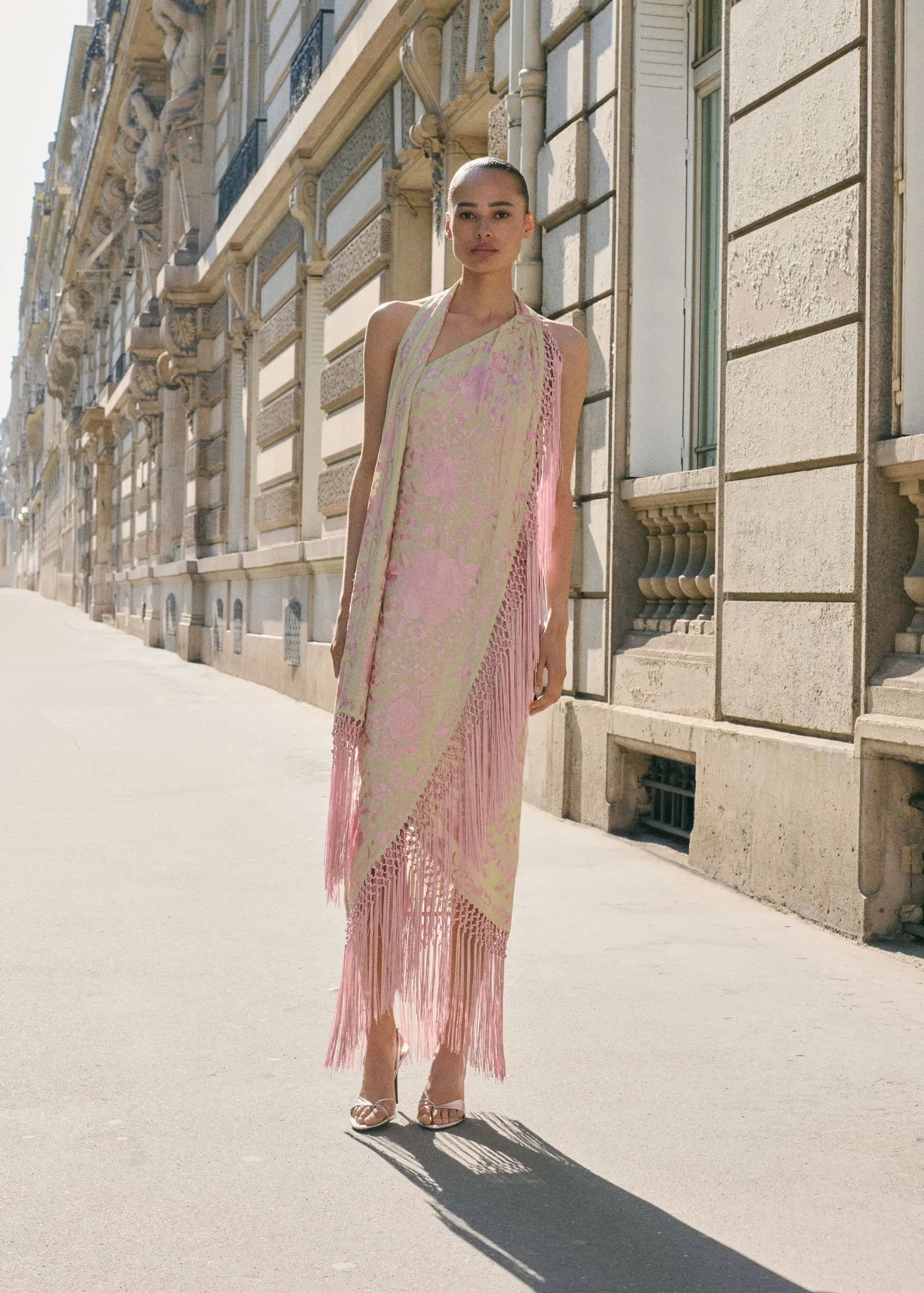 Asymmetrical dress with embroidered fringes