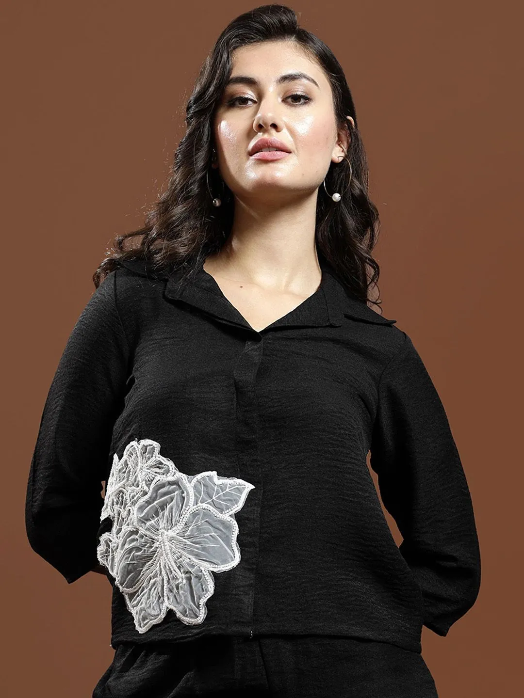 Athena Floral Embellished Patchwork Linen Shirt & Trousers