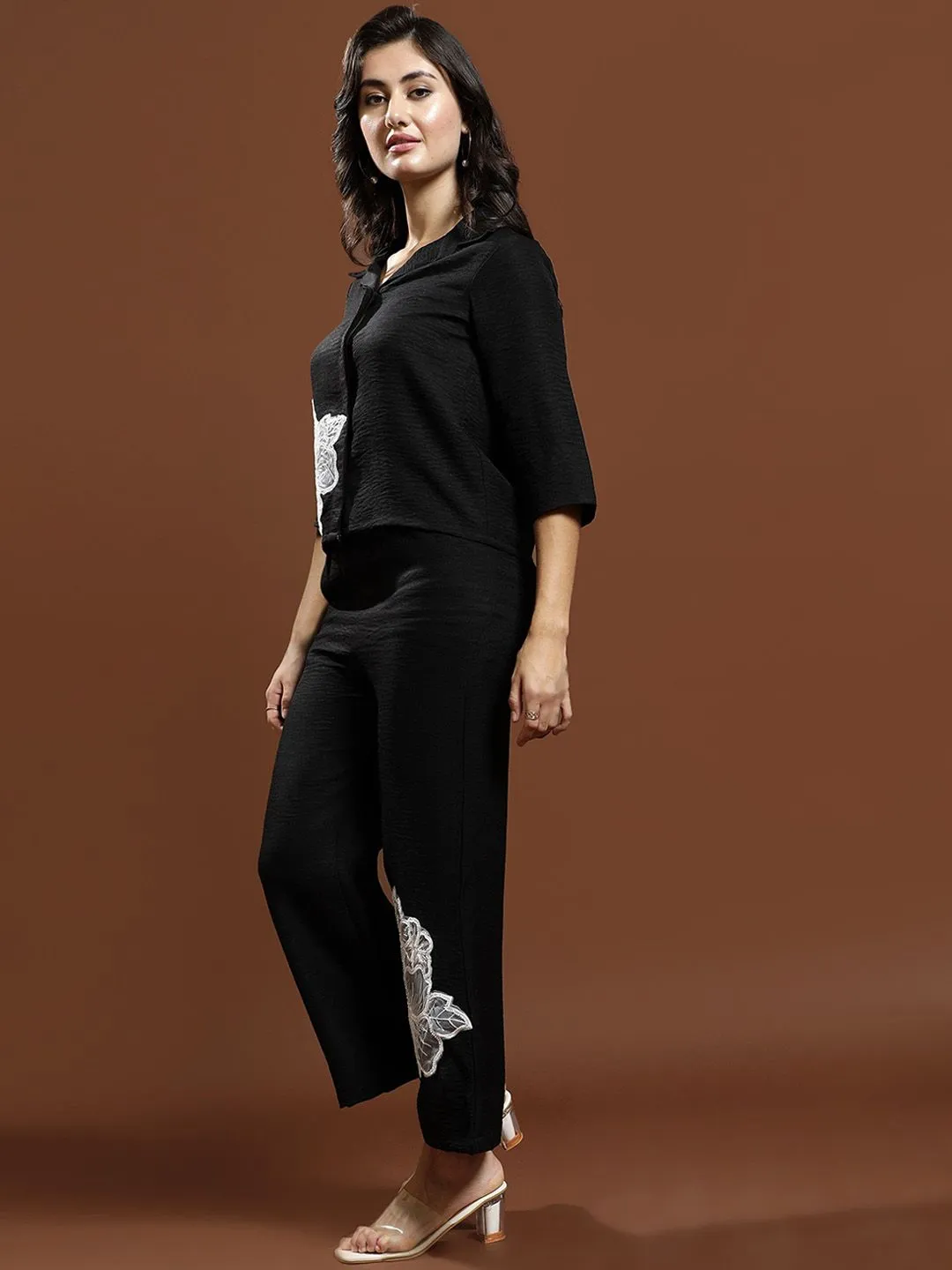 Athena Floral Embellished Patchwork Linen Shirt & Trousers