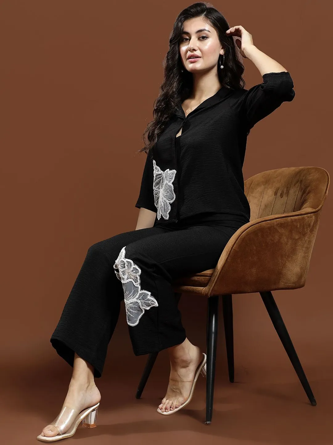 Athena Floral Embellished Patchwork Linen Shirt & Trousers