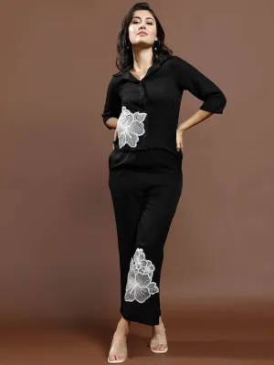 Athena Floral Embellished Patchwork Linen Shirt & Trousers