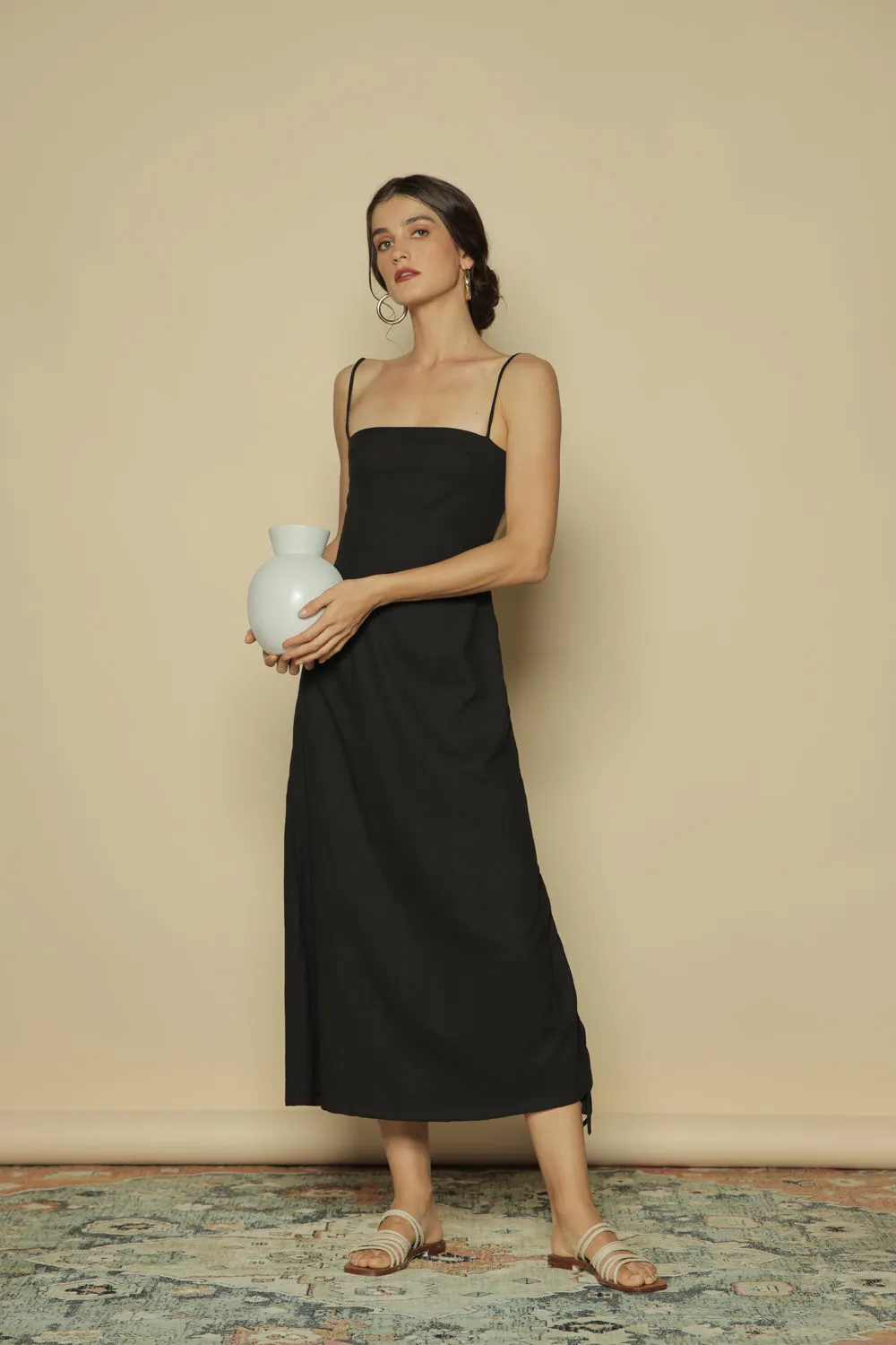 AVIGNON Backless Midi Dress with Assymetric Tie Skirt (Black Linen)