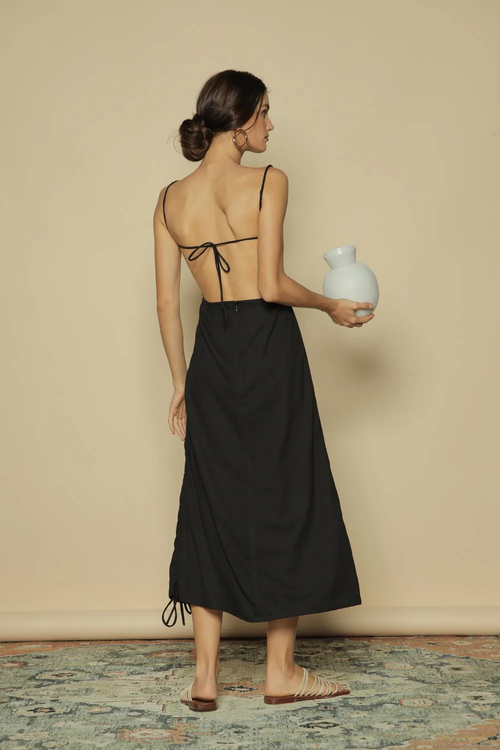 AVIGNON Backless Midi Dress with Assymetric Tie Skirt (Black Linen)