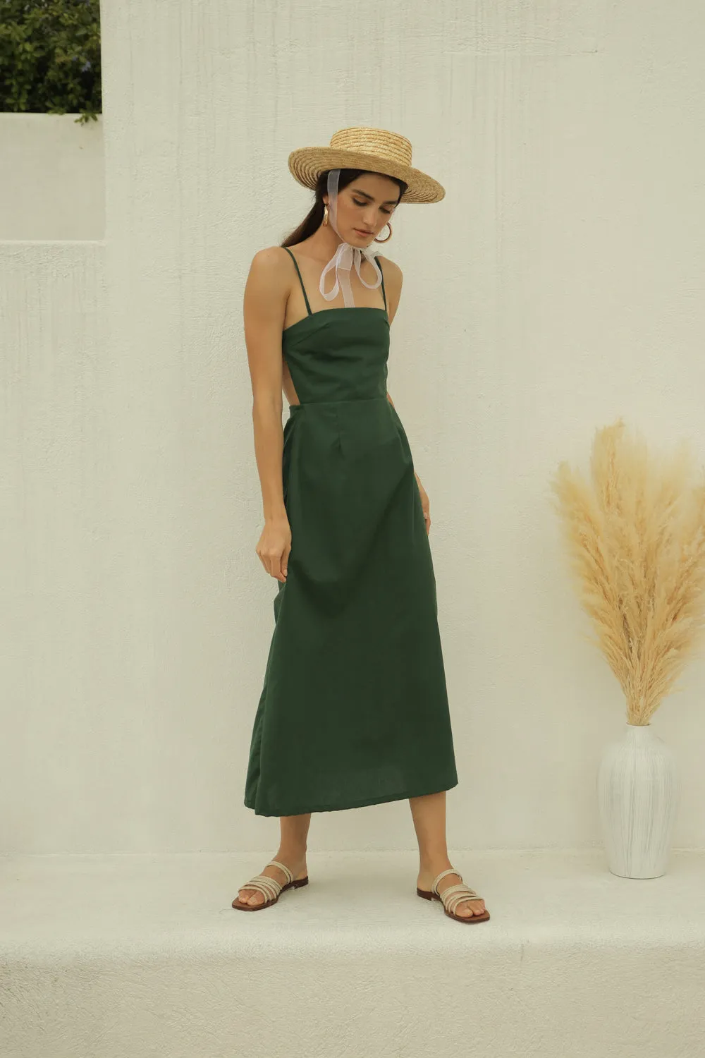 AVIGNON Backless Midi Dress with Assymetric Tie Skirt (Hunter Green Crepe)