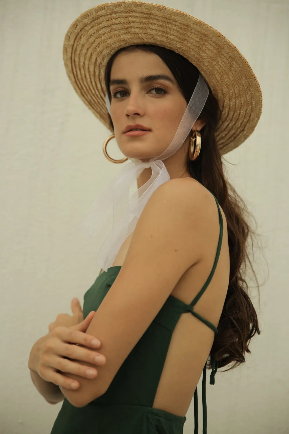AVIGNON Backless Midi Dress with Assymetric Tie Skirt (Hunter Green Crepe)