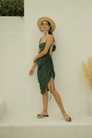 AVIGNON Backless Midi Dress with Assymetric Tie Skirt (Hunter Green Crepe)