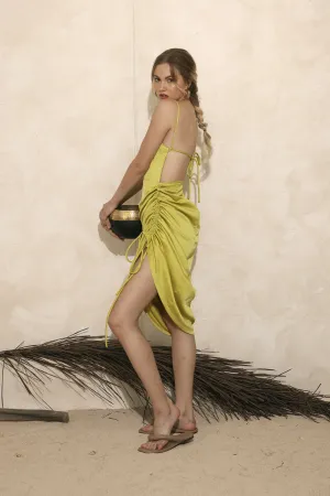 AVIGNON Backless Midi Dress with Assymetric Tie Skirt (Lime Green Italian Silk)