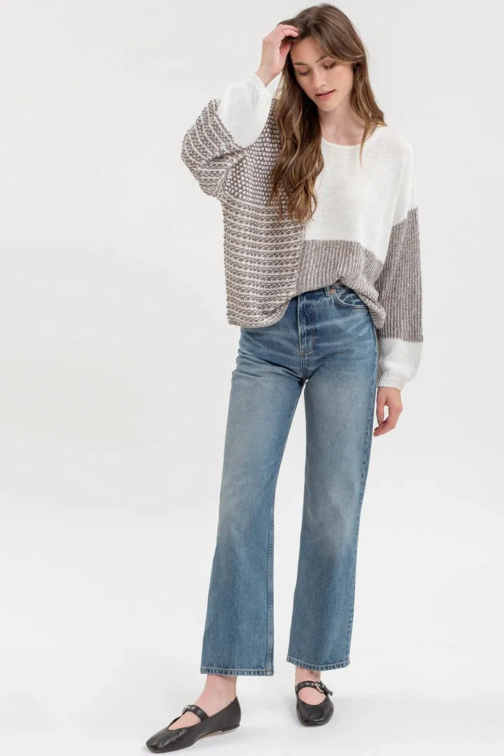 Back Tie Colorblock Sweater - Gray Multi Color