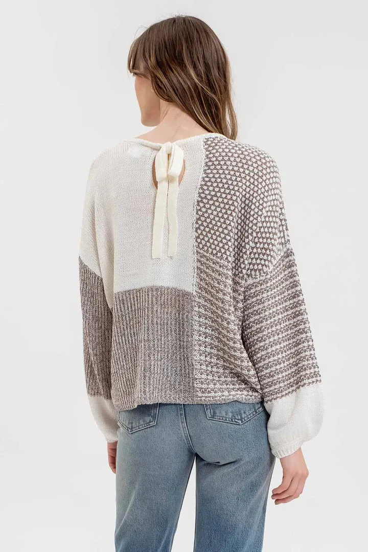 Back Tie Colorblock Sweater - Gray Multi Color