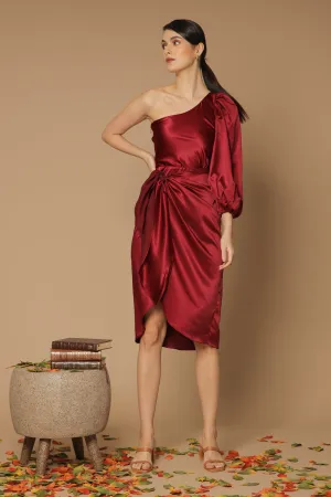BAJA Asymmetric Puff Sleeve Silk Midi Dress with Wrap Tulip Skirt (Maroon Silk)