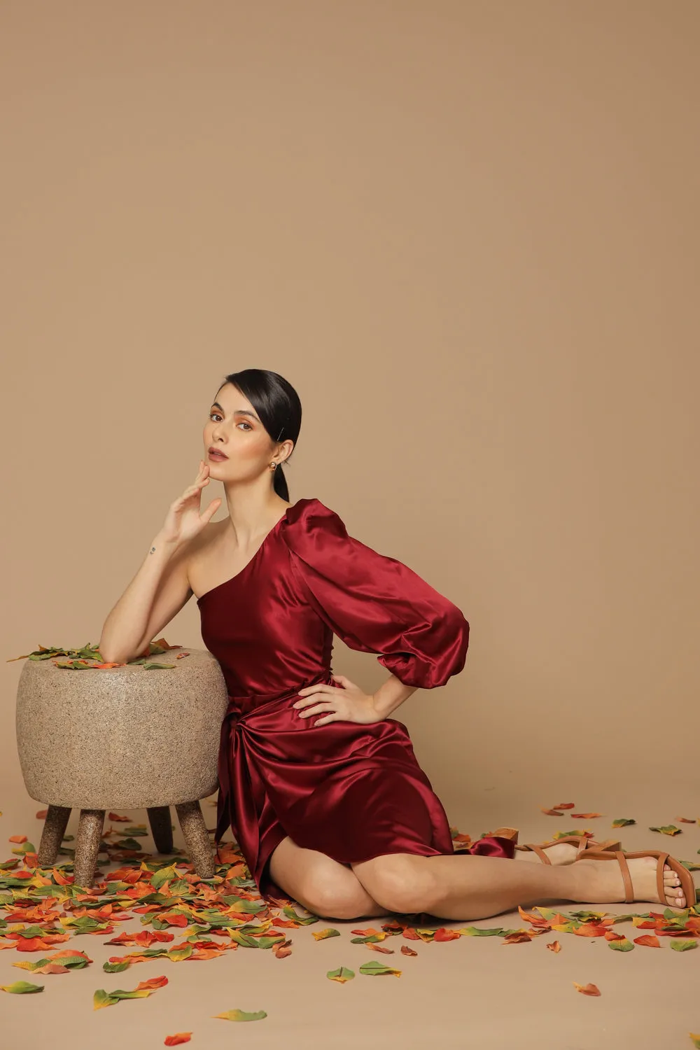 BAJA Asymmetric Puff Sleeve Silk Midi Dress with Wrap Tulip Skirt (Maroon Silk)