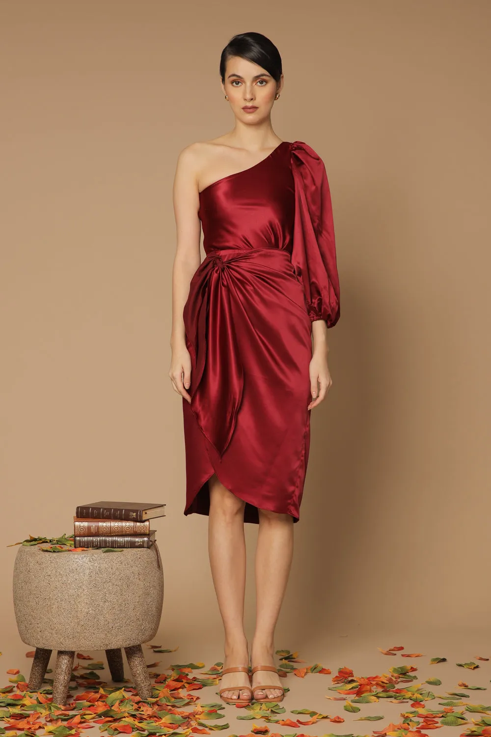 BAJA Asymmetric Puff Sleeve Silk Midi Dress with Wrap Tulip Skirt (Maroon Silk)