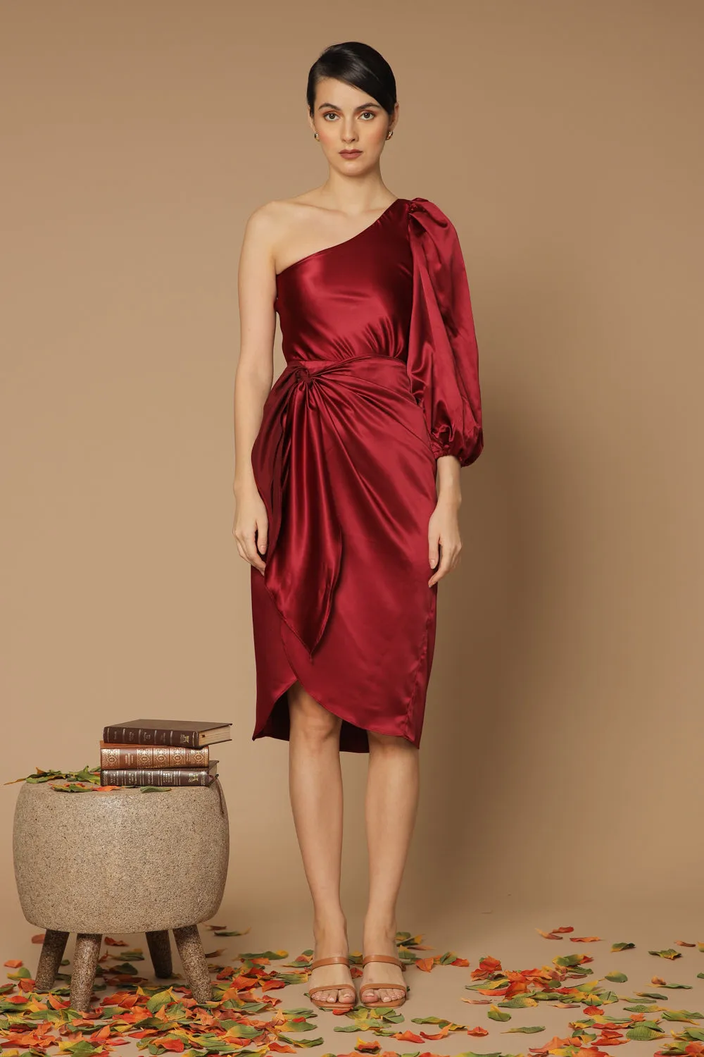 BAJA Asymmetric Puff Sleeve Silk Midi Dress with Wrap Tulip Skirt (Maroon Silk)