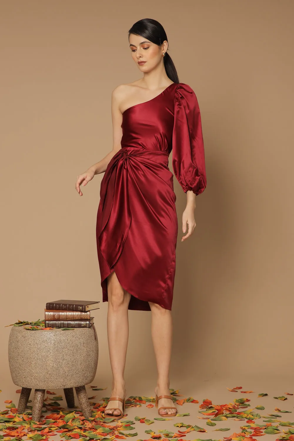 BAJA Asymmetric Puff Sleeve Silk Midi Dress with Wrap Tulip Skirt (Maroon Silk)