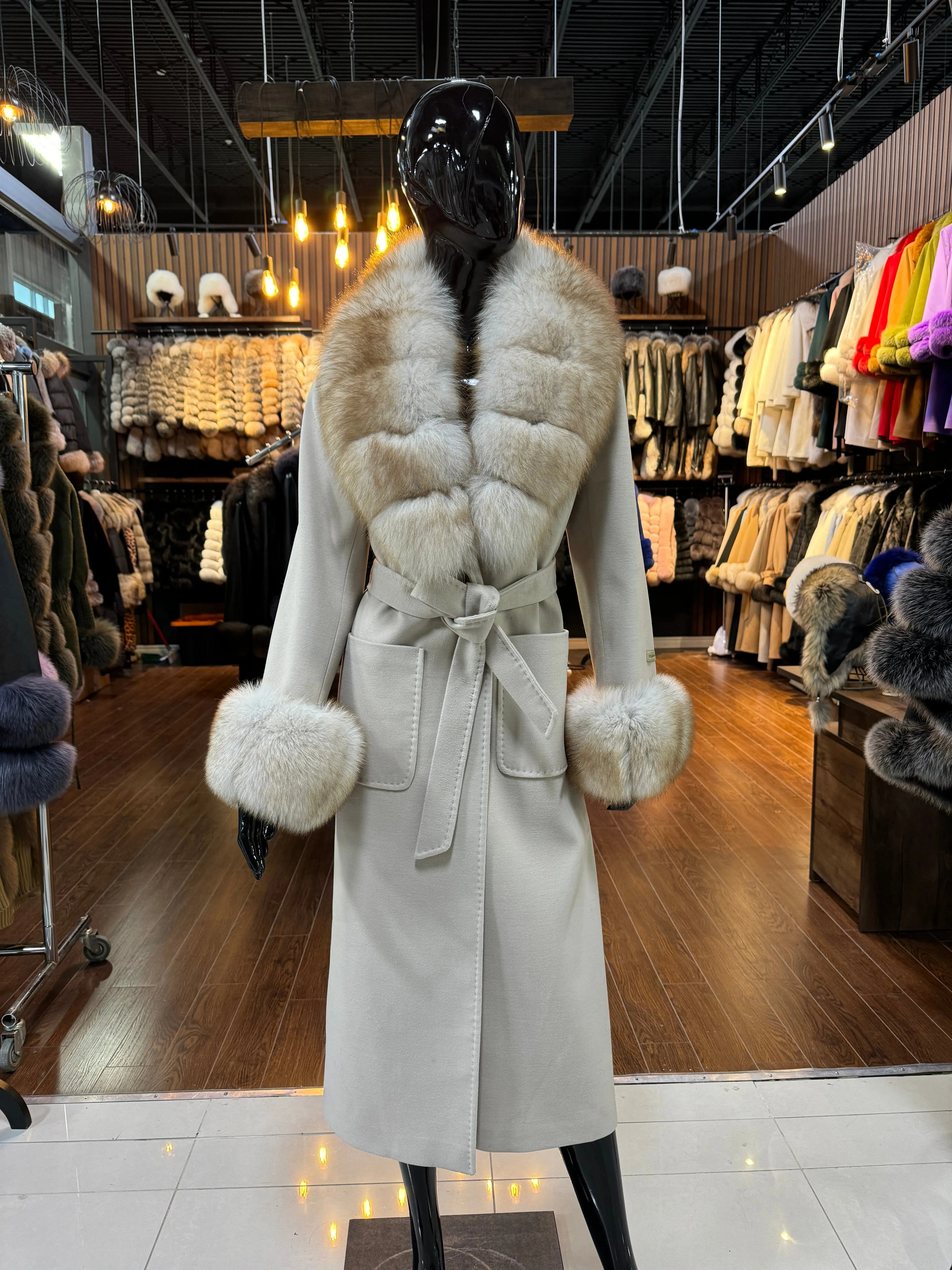 Beige Cashmere and Fox Fur Coat
