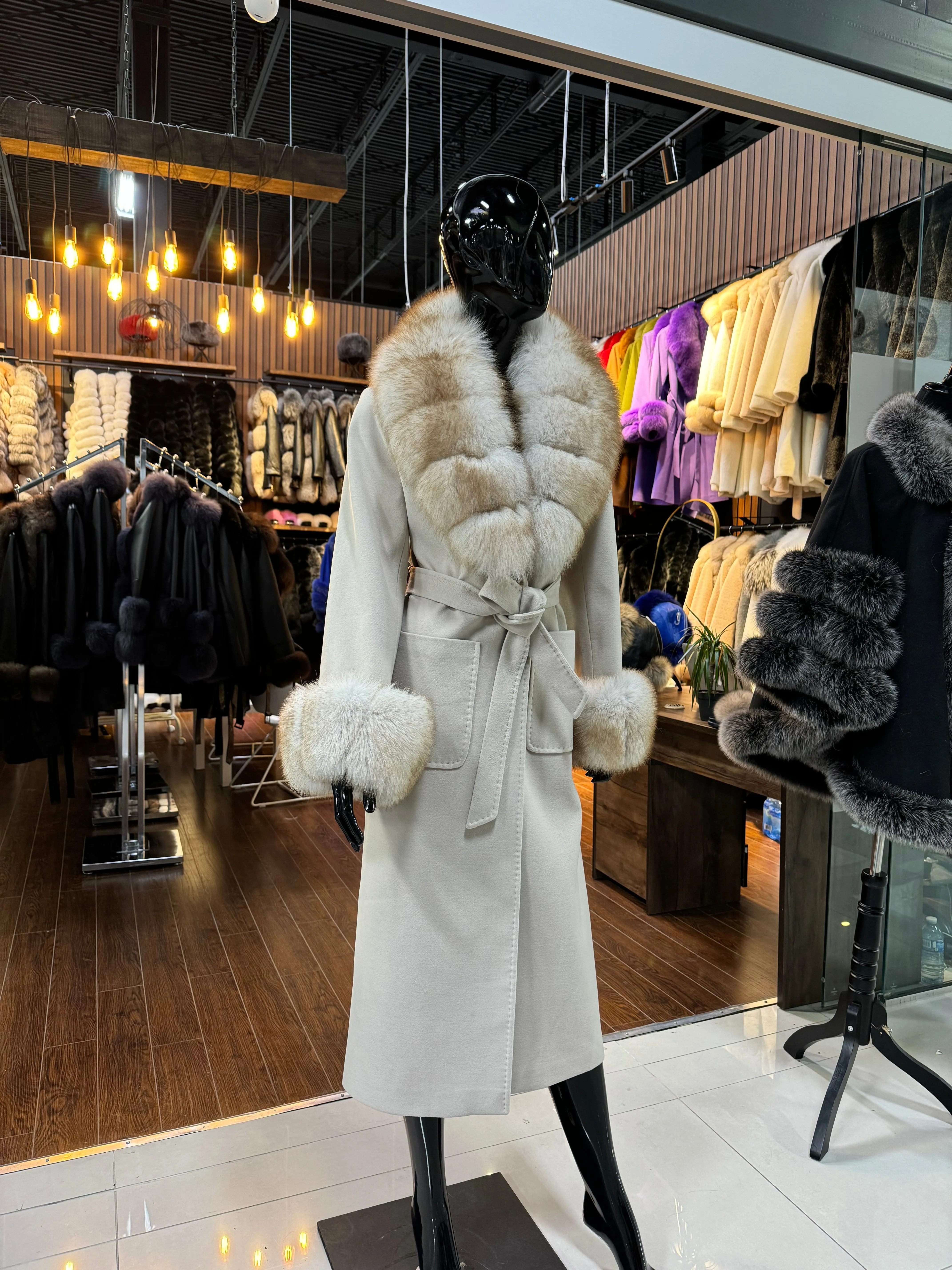 Beige Cashmere and Fox Fur Coat