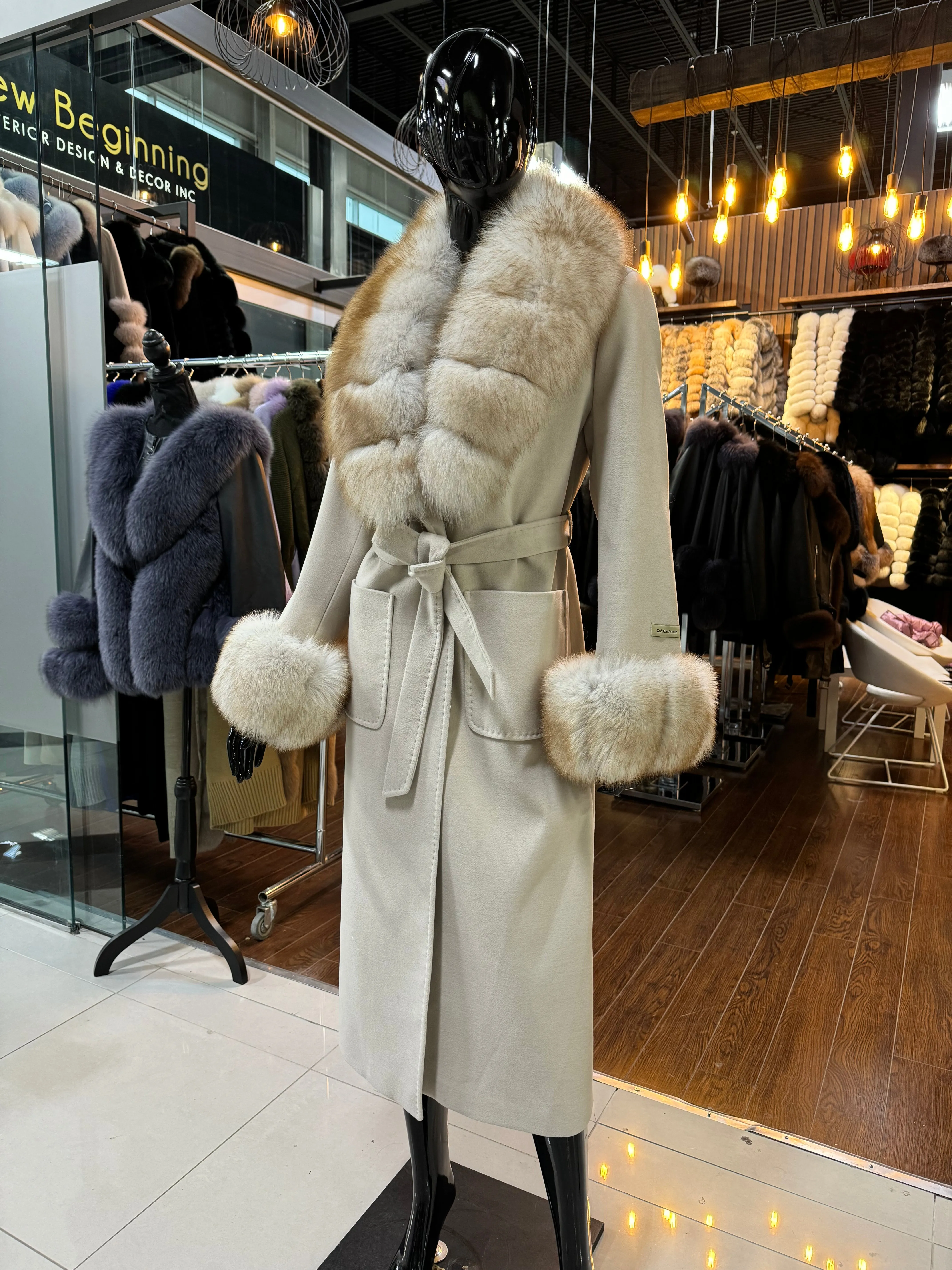 Beige Cashmere and Fox Fur Coat