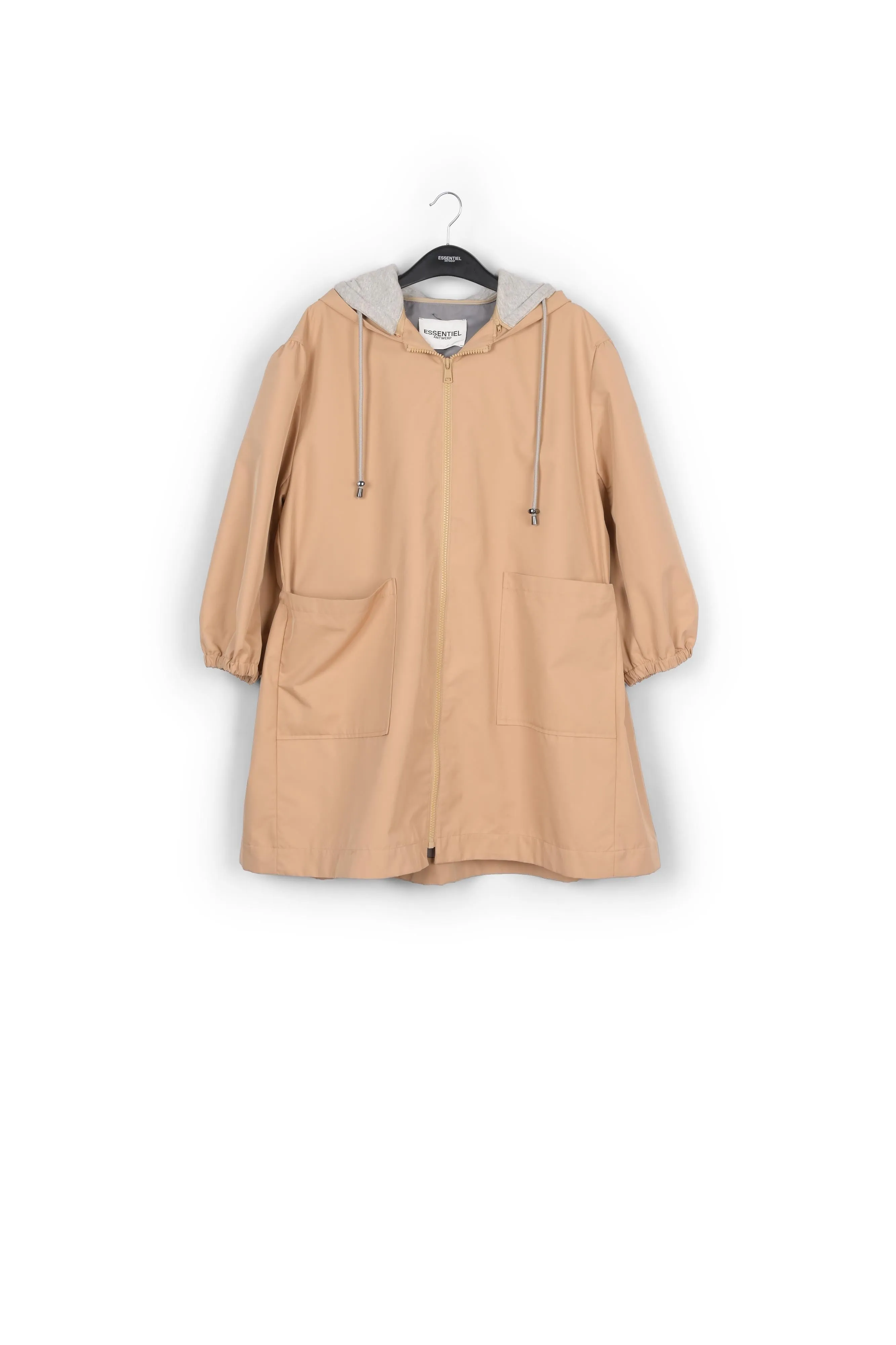 Beige hooded raincoat