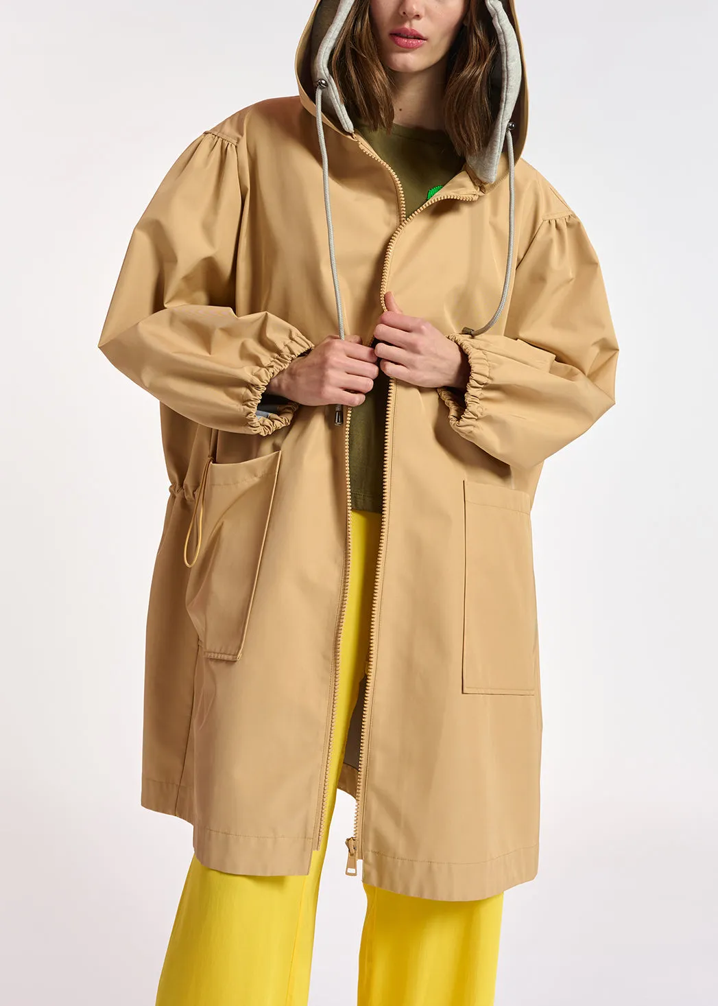 Beige hooded raincoat